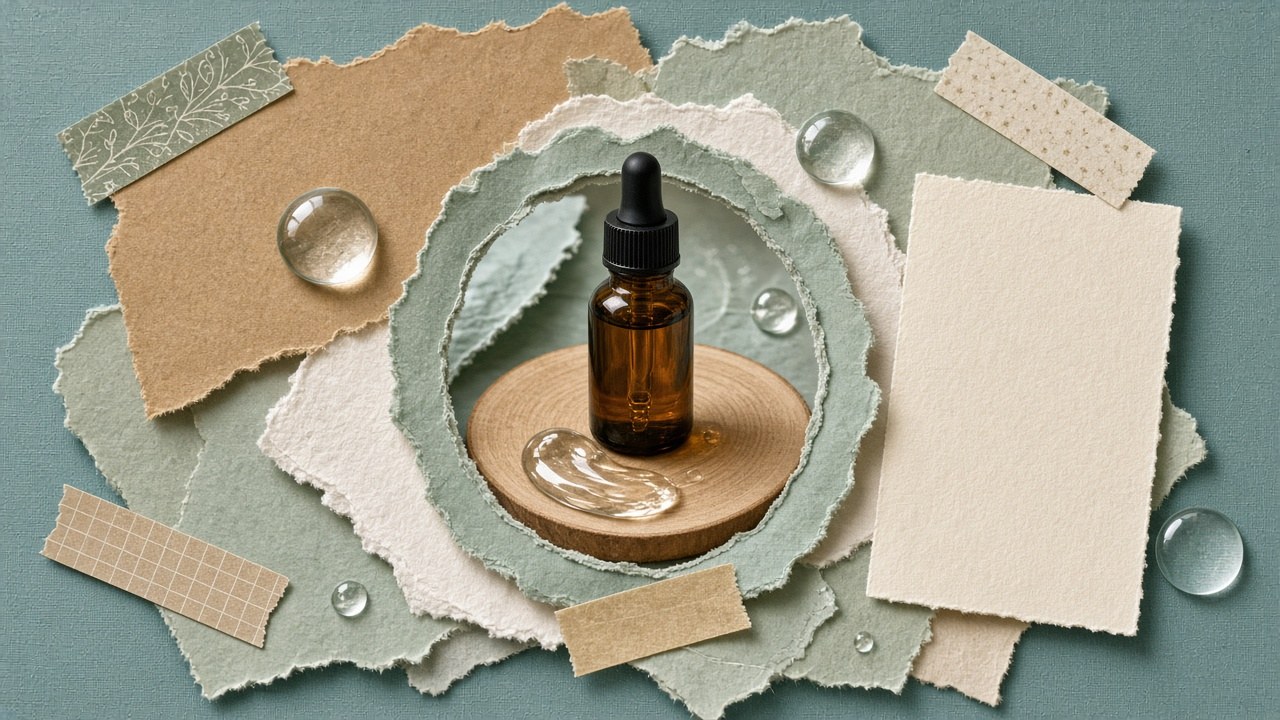 Scrapbook collage with amber serum bottle, torn sage paper, and water droplets