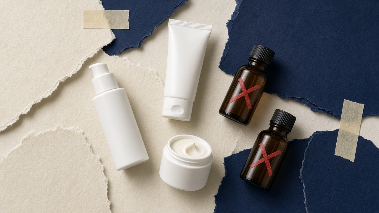Collage of SPF bottles and two amber bottles marked with red X on torn paper