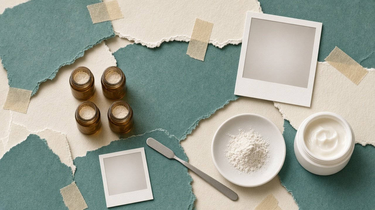 Collage of four gallate vials, spatula, powder dish, and cream jar on teal paper