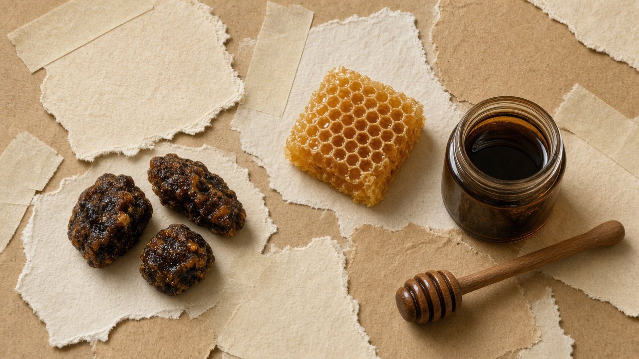 Collage of propolis resin, honeycomb, extract jar, and honey dipper on kraft paper