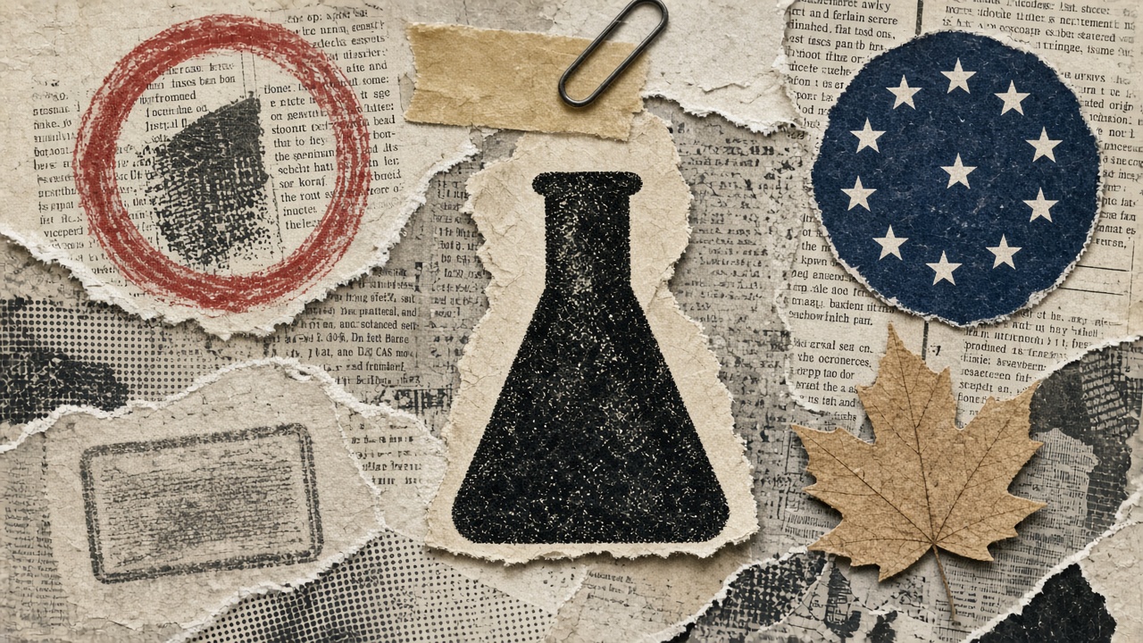 Newspaper collage with flask, maple leaf cutout, and EU star ring on newsprint